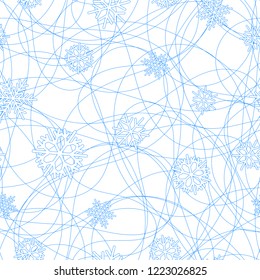 Fine christmas seamless pattern. Random flying white snowflakes on background of entangled continuous blue thin lines. Vector illustration for textile wrapping paper package scrapbook new year gift