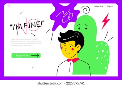 I am fine - colorful flat design style illustration with linear elements and text. Colored composition with smiling man and his hidden feelings of anxiety. Perplexity, pretense and stress idea