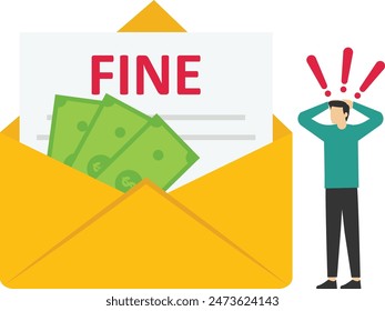 Fine concept. Landing page business metaphor. A sad businessman sits near a large envelope with a bad message. Vector illustration flat design. Isolated on white background.

