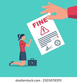 Fine concept. Sad businesswoman receives a letter with a fine. Landing page business metaphor. Vector illustration flat design. Isolated on white background.