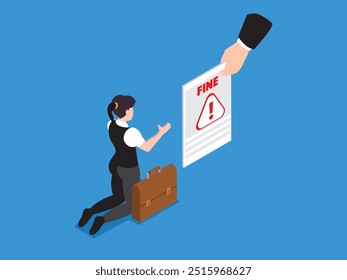 Fine concept. Sad businesswoman receives a letter with a fine. Landing page business metaphor 3d isometric vector illustration