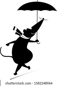 Fine day and rat or mouse with umbrella illustration. Cartoon rat or mouse walking with an umbrella silhouette black on white 
