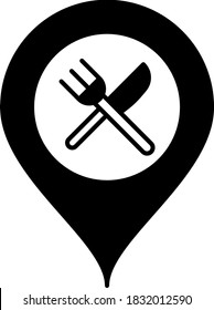 Diseño de ubicación de clavijas en el mapa del vino fino, horquilla y cuchillo con símbolo de burbuja, diseño de icono de glifo, símbolo de entrega de alimentos sin contacto Coronavirus sobre fondo blanco, signo de entrega de aperitivos sin contacto,