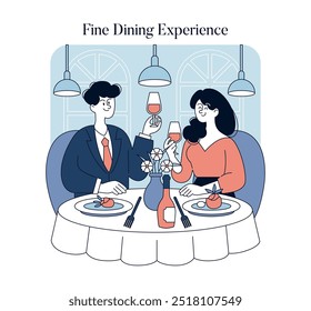 Bela experiência gastronômica conceito. O casal elegante desfruta de um jantar romântico num restaurante sofisticado. Brindes com vinho, ambiente de luxo e tempo de qualidade juntos. Ilustração vetorial.