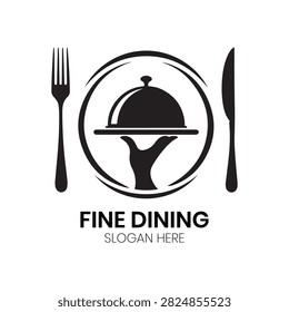 Fine Dining logo features a covered serving platter flanked by a sophisticated fork and knife in a classic framed arrangement. This elegant vector design is perfect for upscale restaurants, fine dining establishments, luxury catering services, or gourmet culinary institutions seeking a refined and luxurious identity.