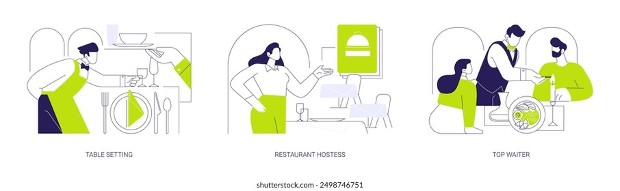 Fine dining restaurant abstract concept vector illustration set. Table setting, restaurant hostess, top waiter, serving standards, greeting guests, lighting candles, tasty meal abstract metaphor.