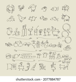 Fine dining restaurant icons set. First course, dessert, wine and booking. Elegant French cafe vector pictograms set.
