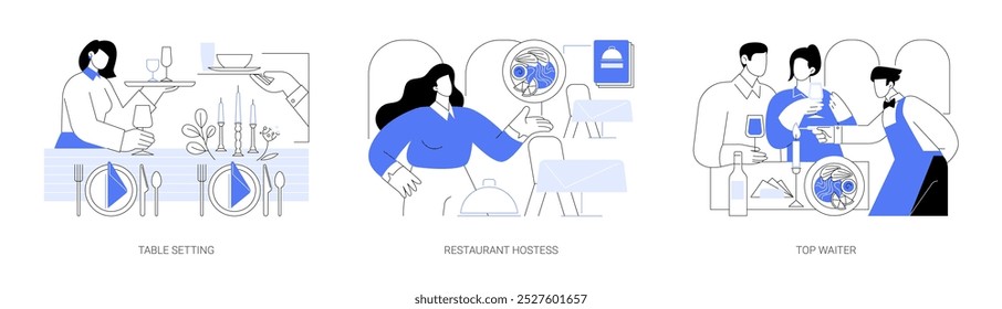 Restaurante de jantar fino isolado desenhos animados vetor ilustrações set. Experiente garçom que define uma mesa, altos padrões de serviço, anfitriã cumprimenta os hóspedes, velas de iluminação, pessoas comendo desenhos animados vetoriais.