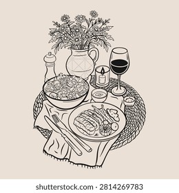 Fine Dining Table Setting Hand-Drawn Gourmet Meal Vintage Illustration