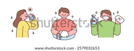 Fine dust. People drinking water, washing their hands, and cleaning on a day with a lot of dust. simple outline illustration.