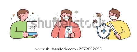 Fine dust. People holding air purifiers, masks, and shields on a day with a lot of dust. simple outline illustration.