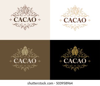 Fine flourish luxury calligraphic cacao emblem, design, template, label. Vector vintage cacao logo (symbol) for cafe, restaurant, shop, print.