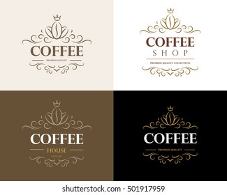 Fine flourish luxury calligraphic coffee emblem, design, template, label. Vector vintage coffee logo (symbol) for cafe, restaurant, shop.