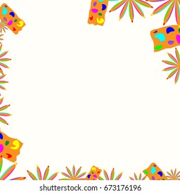 Fine frame with abstract elements and flowers. Items are located along the edges of the card on pale orange background. Template for writing and placing photo.