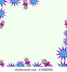 Fine frame with abstract elements and flowers. Items are located along the edges of the card on pale green background. Template for writing and placing photo.