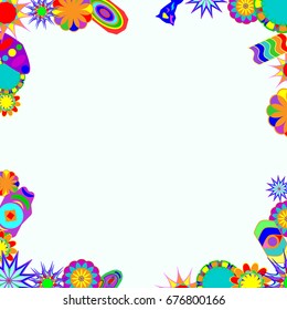 Fine frame with abstract elements and flowers. Items are located along the edges of the card on pale blue background. Template for writing and placing photo.