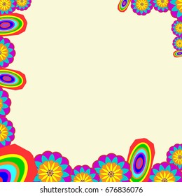 Fine frame with abstract elements and flowers. Items are located along the edges of the card on pale orange background. Template for writing and placing photo.