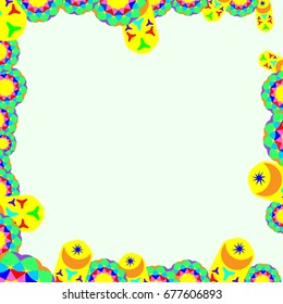 Fine frame with abstract elements and flowers. Items are located along the edges of the card on pale green background. Template for writing and placing photo.
