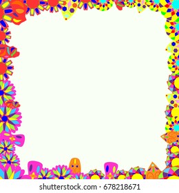 Fine frame with abstract elements and flowers. Items are located along the edges of the card on pale green background. Template for writing and placing photo.