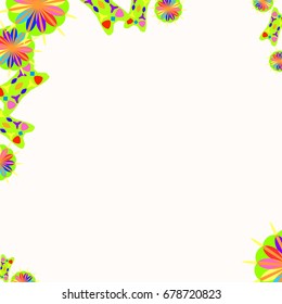 Fine frame with abstract elements and flowers. Items are located along the edges of the card on pale red background. Template for writing and placing photo.