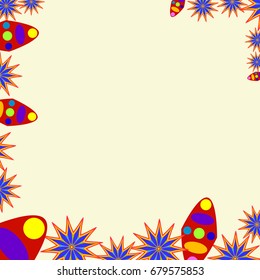 Fine frame with abstract elements and flowers. Items are located along the edges of the card on pale orange background. Template for writing and placing photo.