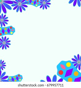 Fine frame with abstract elements and flowers. Items are located along the edges of the card on pale blue background. Template for writing and placing photo.