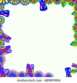 Fine frame with abstract elements and flowers. Items are located along the edges of the card on pale green background. Template for writing and placing photo.