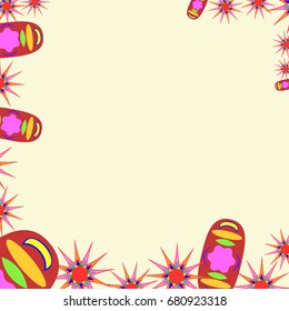 Fine frame with abstract elements and flowers. Items are located along the edges of the card on pale orange background. Template for writing and placing photo.