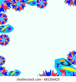 Fine frame with abstract elements and flowers. Items are located along the edges of the card on pale blue background. Template for writing and placing photo.