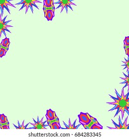 Fine frame with abstract elements and flowers. Items are located along the edges of the card on light green background. Template for writing and placing photo.