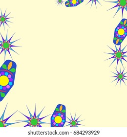 Fine frame with abstract elements and flowers. Items are located along the edges of the card on light yellow background. Template for writing and placing photo.