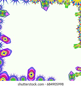 Fine frame with abstract elements and flowers. Items are located along the edges of the card on pale yellow background. Template for writing and placing photo.