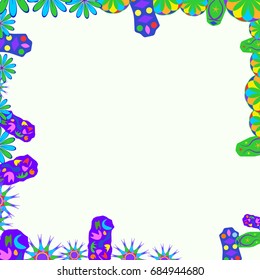 Fine frame with abstract elements and flowers. Items are located along the edges of the card on pale yellow background. Template for writing and placing photo.
