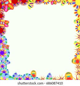 Fine frame with abstract elements and flowers. Items are located along the edges of the card on pale yellow background. Template for writing and placing photo.