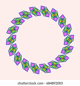 Fine frame with abstract elements. Items placement radially. Background is light pink. Template for writing.
