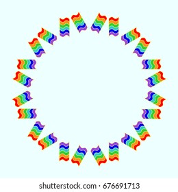 Fine frame with abstract rainbow-color elements. Items placement radially. Background is light azure. Template for writing.