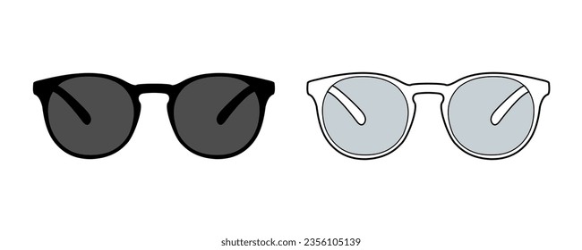 Plantilla vectorial de gafas de sol redondeadas de marco fino. Dibujo de gafas de sol, gafas, plantilla, negro, silueta. vista frontal, unisex. color negro y blanco. Burla de CAD.