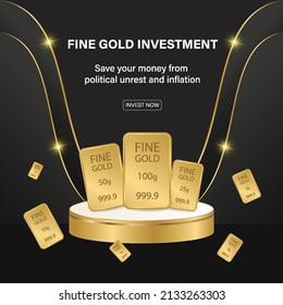 Fine gold 999.9 social media template. Increase in gold prices. Vector Illustration