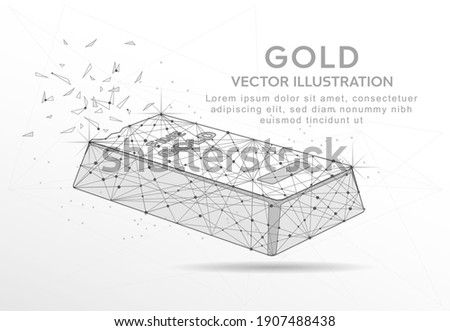 Fine gold bar digitally drawn in the form of broken a part triangle shape and scattered dots low poly wire frame.