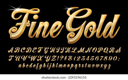 Fine Gold is an embellished script alphabet with shiny 3d gold effects; a posh and elegant font for high-end branding and other uses.