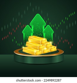 Fine gold value in global recession crisis. Gold arrow chart stream up commodity. Gold price increase today