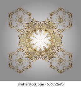 Fine greeting card. Colorful on a white background. Winter vector frame with arabesques, doodles, dots and golden snowflakes.