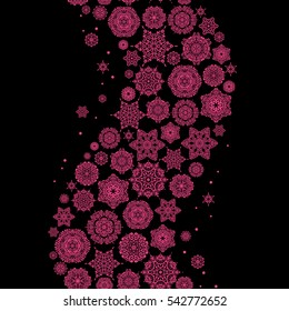 Fine greeting card. Colorful seamless pattern on black background. Winter vector frame with arabesques, doodles and pink snowflakes.