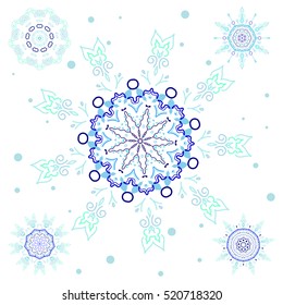 Fine greeting card. Colorful snowflakes set on white background. Winter vector sketch with arabesques, doodles and blue snowflakes.