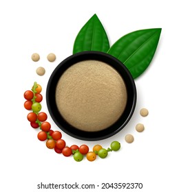 Fine ground white pepper in a black bowl, several peppercorns, leaves and sprig of plant with ripening fruits. Realistic vector illustration. Top view.