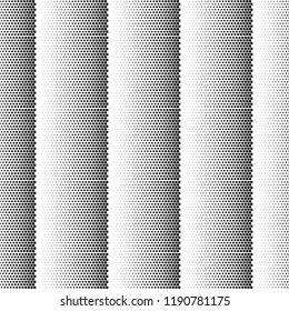 Fine halftone dots vector seamless pattern. Gradient striped black and white background. Monochrome dotted geometric ornament. Vertical stripes, half tone lines, dots, shapes. Modern ornate design