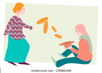 Fine lady throws money to a beggar illustration. Concept of poverty, inequality, rich and poor. EPS 10.