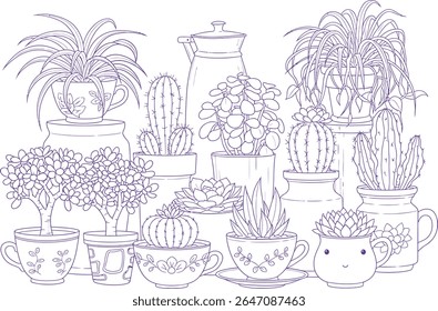 The fine line art of potted plants and cactus in mugs and containers is a charming combination of various succulents and indoor plants that create a whimsical and botanical scene.