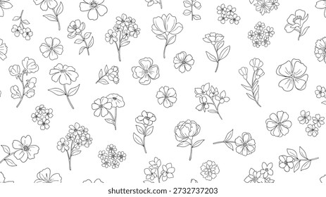 Fine line art seamless pattern showcasing a dense collection of small delicate flowers and leaves on a white background.