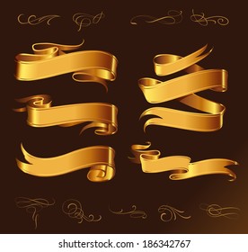 Fine line set of golden design elements isolated on dark brown background 